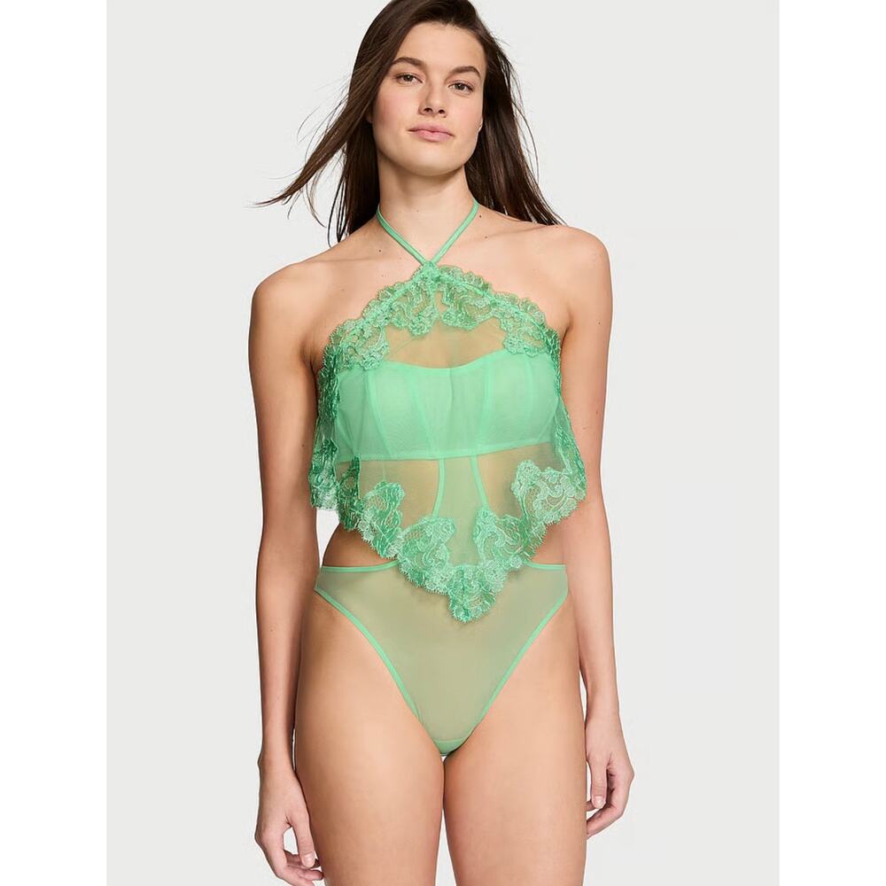 NWT Victoria’s Secret Very Sexy Sheer Boho Floral Embroidery Halter-neck Teddy S